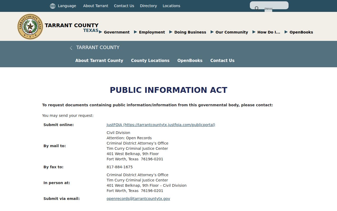 Fort Worth criminal record public information instructions in Tarrant County