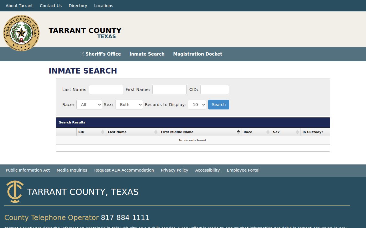 Live Tarrant County arrest and custody search
