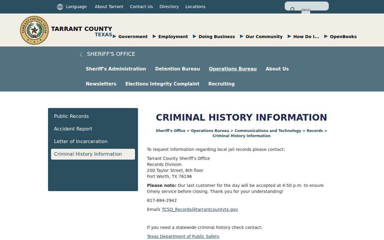 Tarrant County arrest records Sheriff Records Division