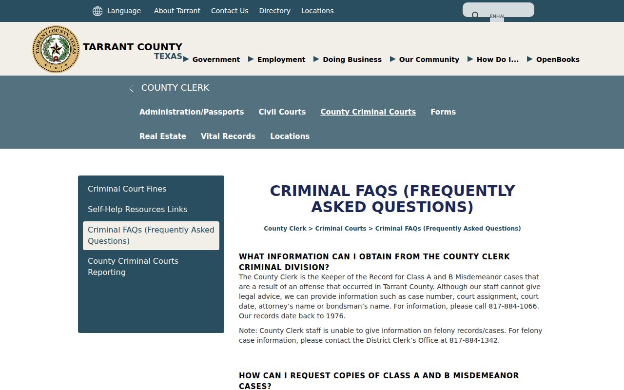 Tarrant County criminal court case County Clerk information