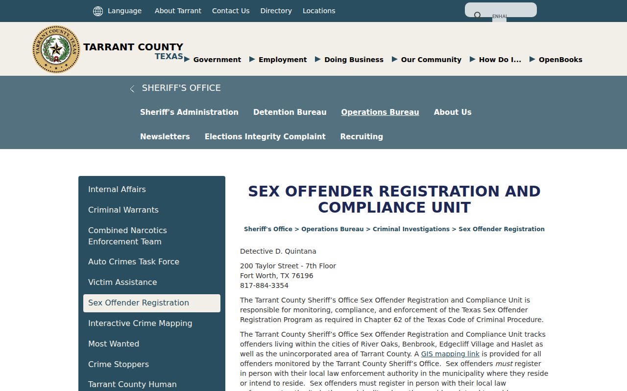 Tarrant County sex offender registration unit information