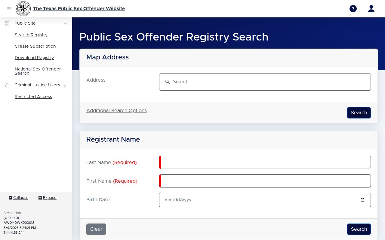 Texas DPS Tarrant County sex offender search form